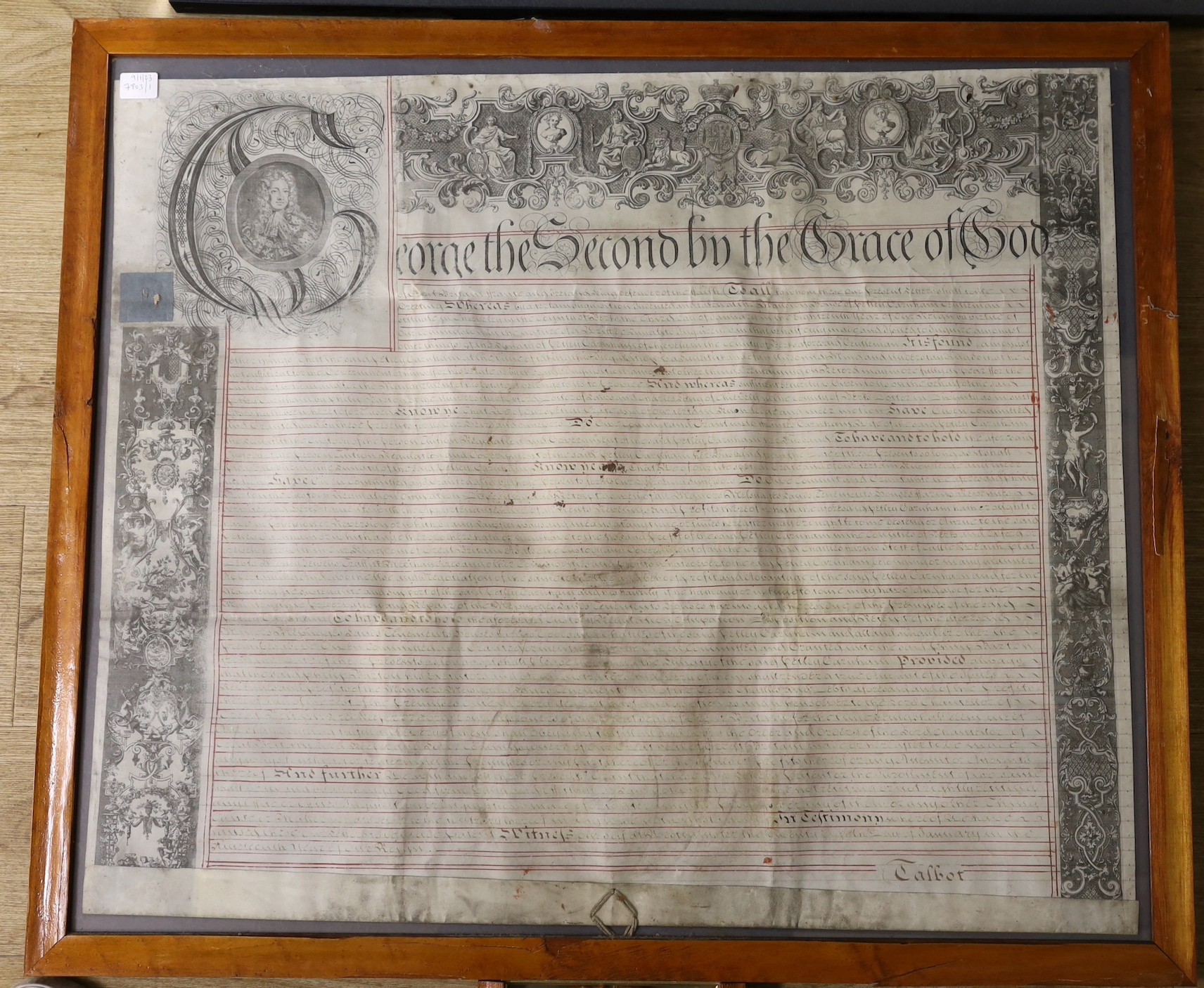 A George II Grant by letters patent of the estate of Petley Garnham of Chieveley in Berkshire, a lunatic; 28 Jan 1746, with wax great seal, 82cms wide x 68cms high